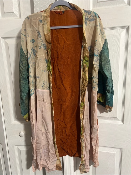 Jackets & Blazers - Lightweight Mixed-Print Duster Kimono in Rust, Teal & Blush